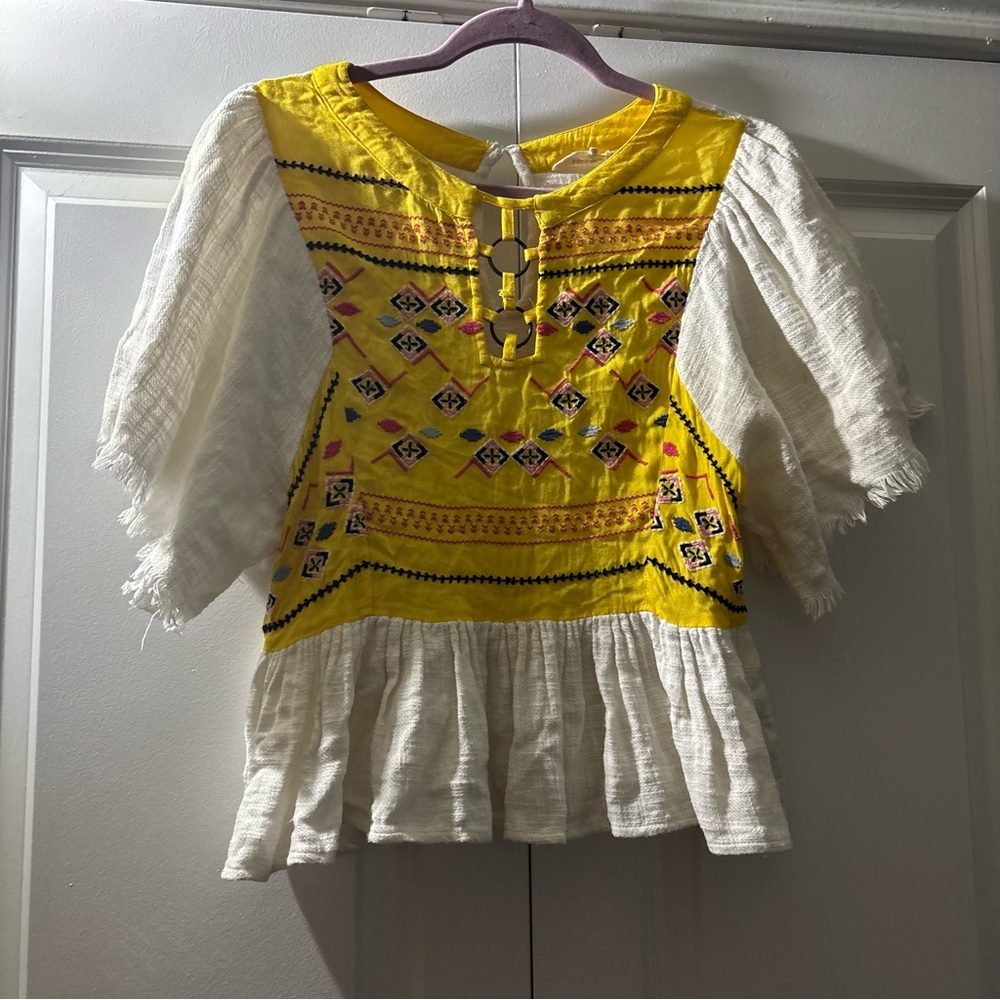 Embroidered Yellow & White Boho Peasant Top